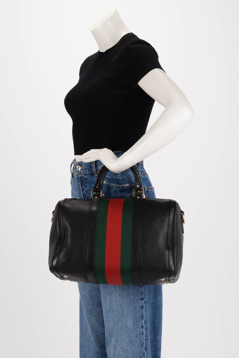 Gucci Black Grained Calfskin Vintage Web Medium Boston Bag