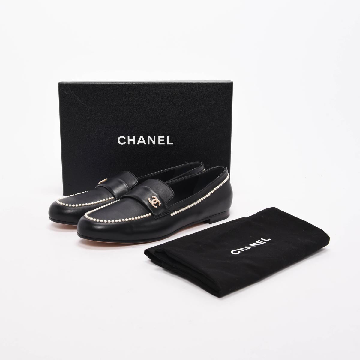 Chanel Black Lambskin Pearl CC Loafers 42
