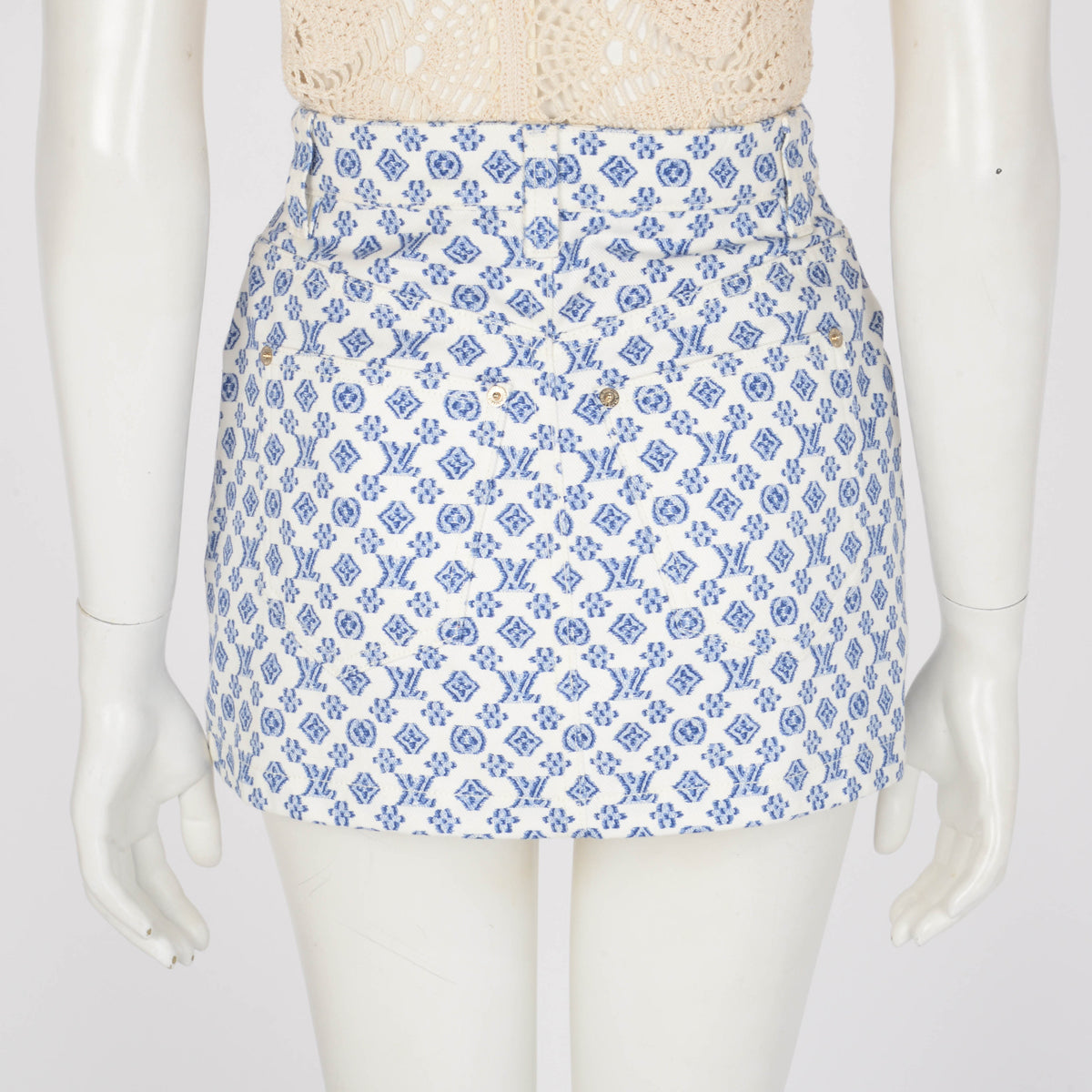 Louis Vuitton White Denim Blurred Monogram Mini Skirt FR 36