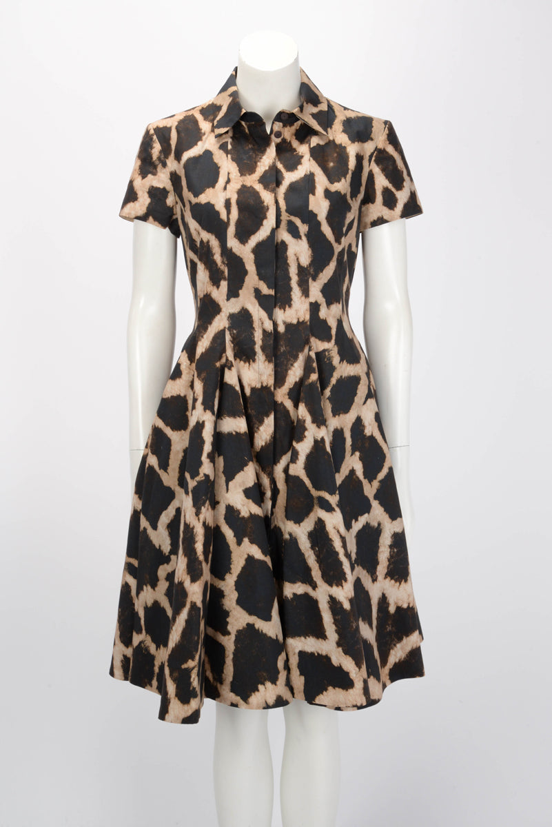 Giambattista Valli Beige Leopard Print Pleated Midi Shirt Dress IT 42