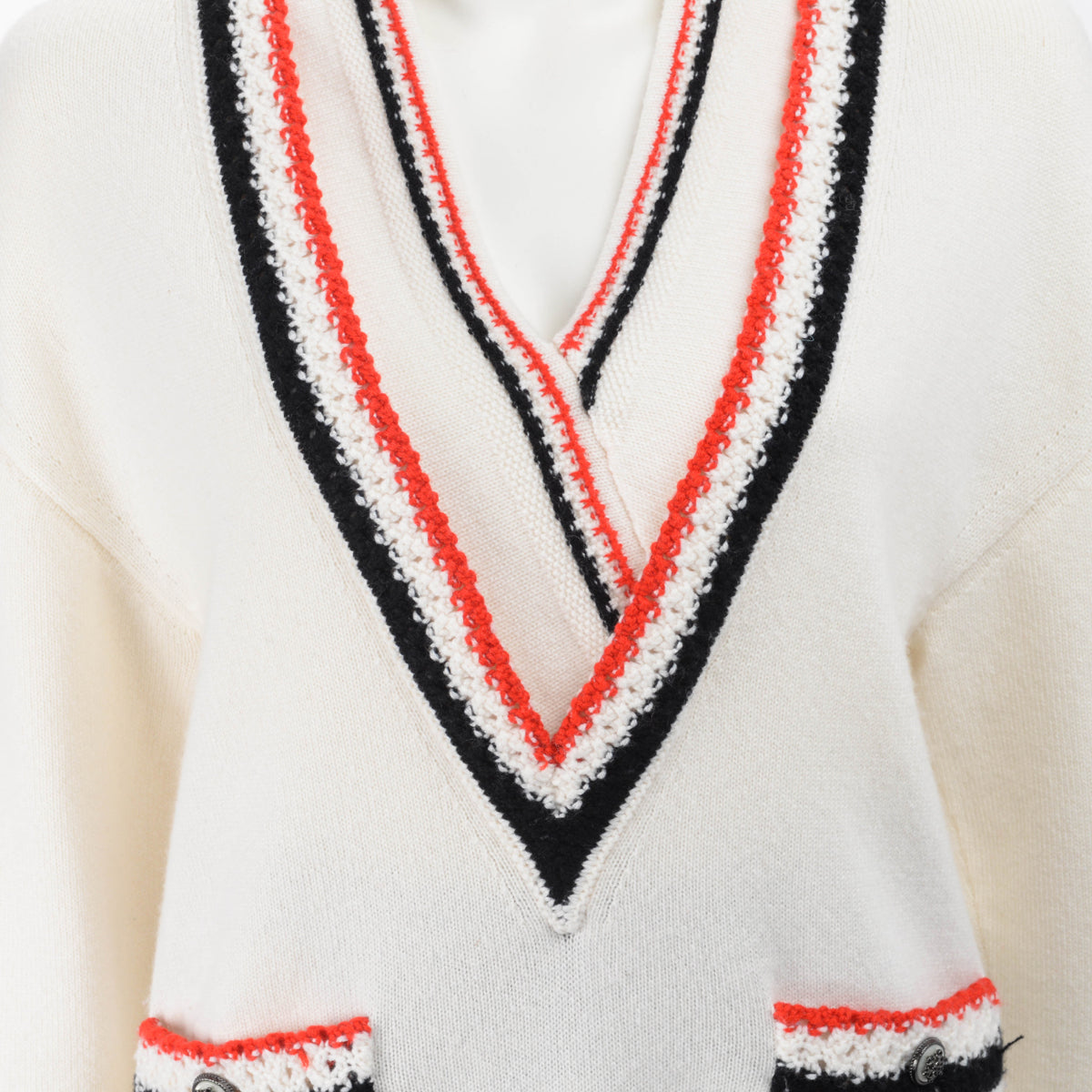 Chanel Cream Cashmere V-Neck Braided Trim Sweater FR 36