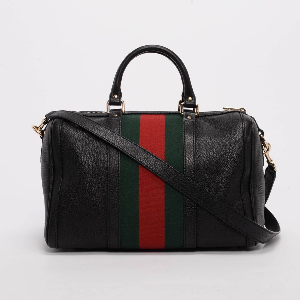 Gucci Black Grained Calfskin Vintage Web Medium Boston Bag