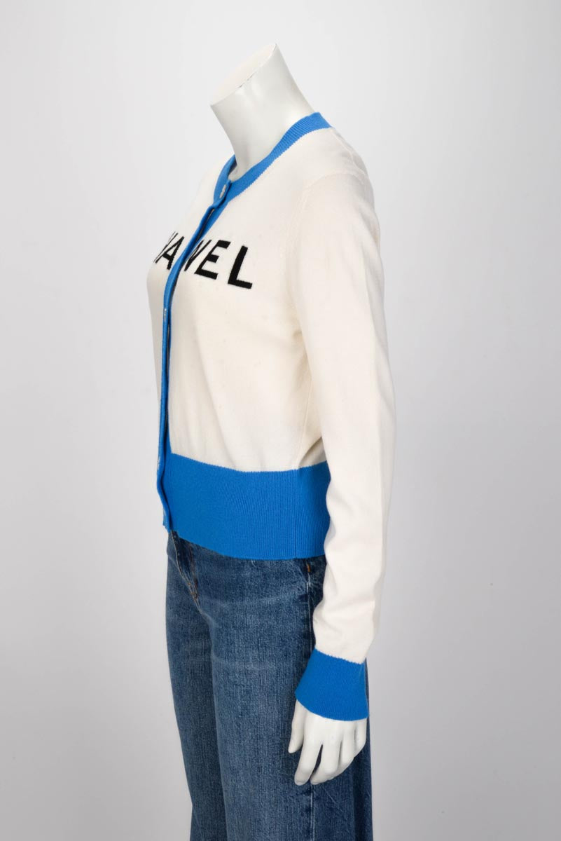 Chanel Cream & Blue Cashmere 19S Logo Cardigan FR 42
