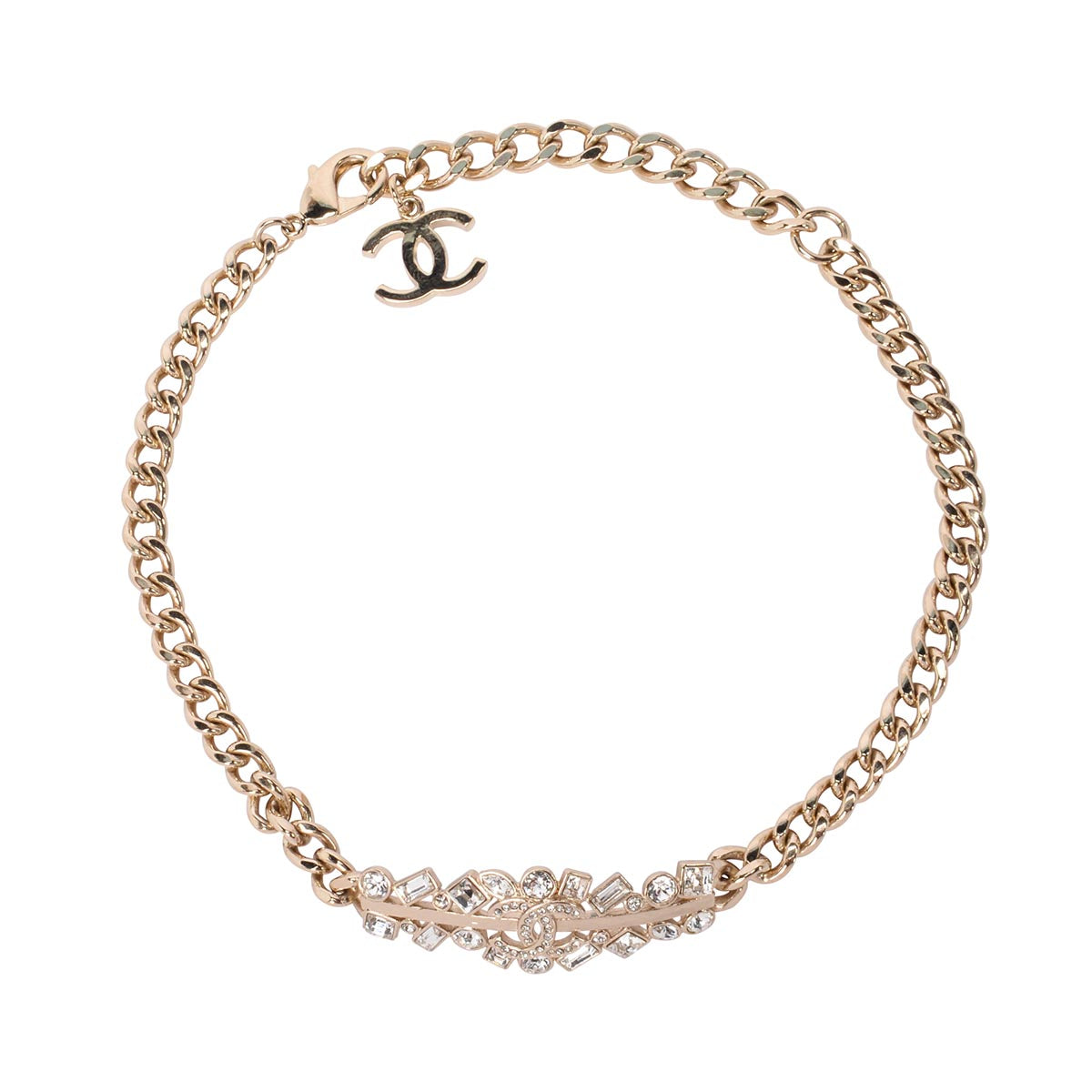 Chanel Light Gold Crystal CC Bar Choker Necklace