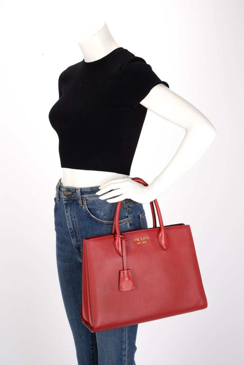 Prada Red & Navy Saffiano Cuir Bibliotheque Bag