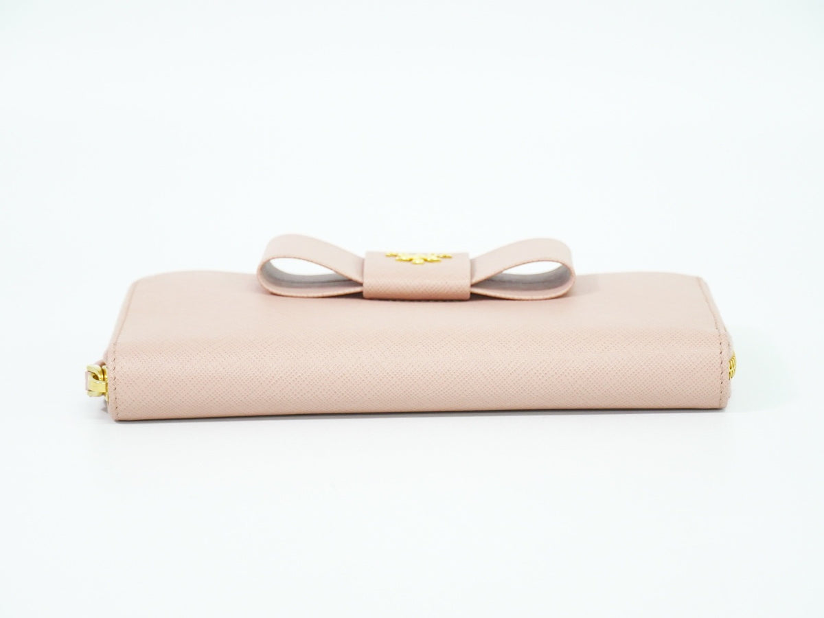 Prada Pink Saffiano Leather Bow Zip Around Wallet