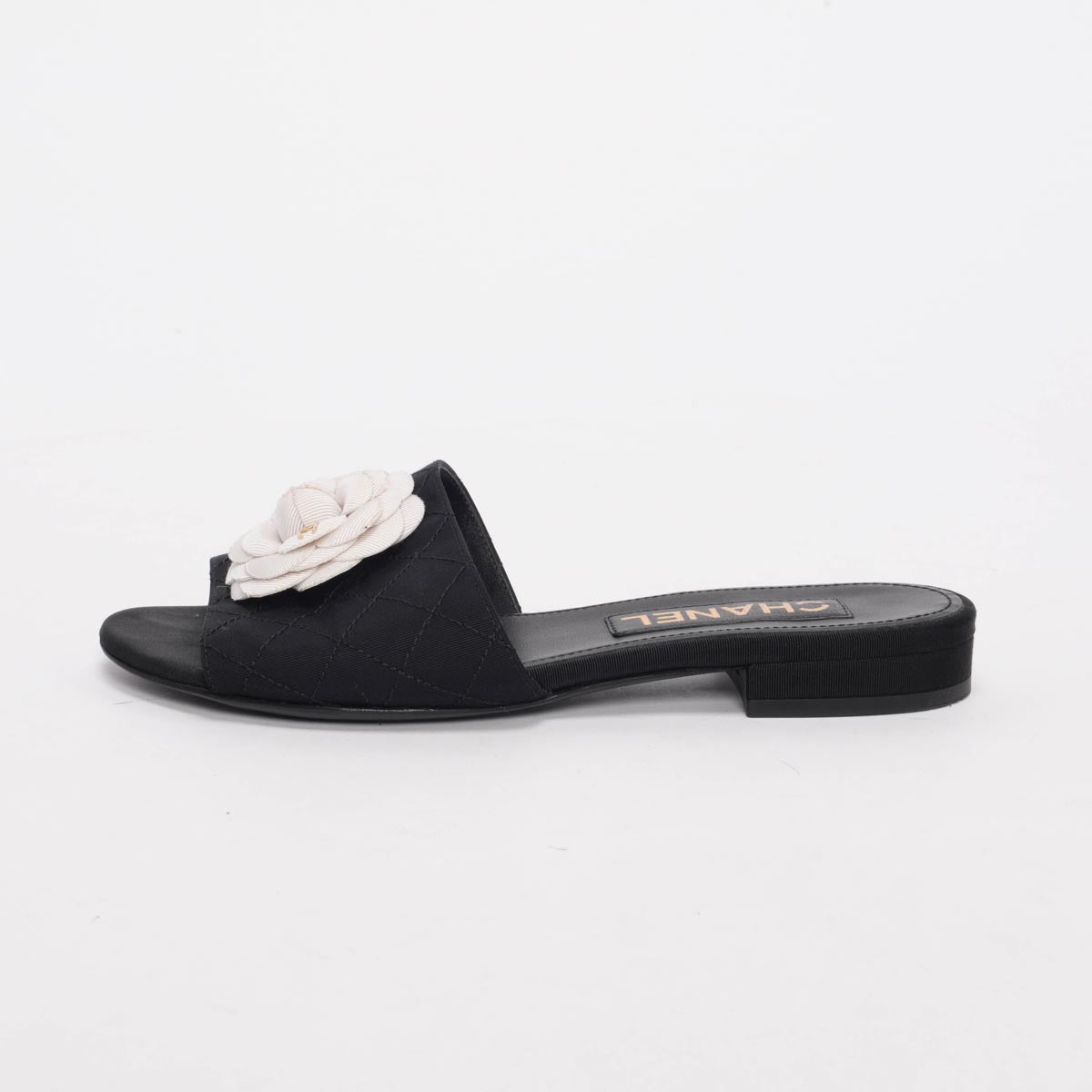 Chanel Black Grosgrain Quilted Camellia Slides 37