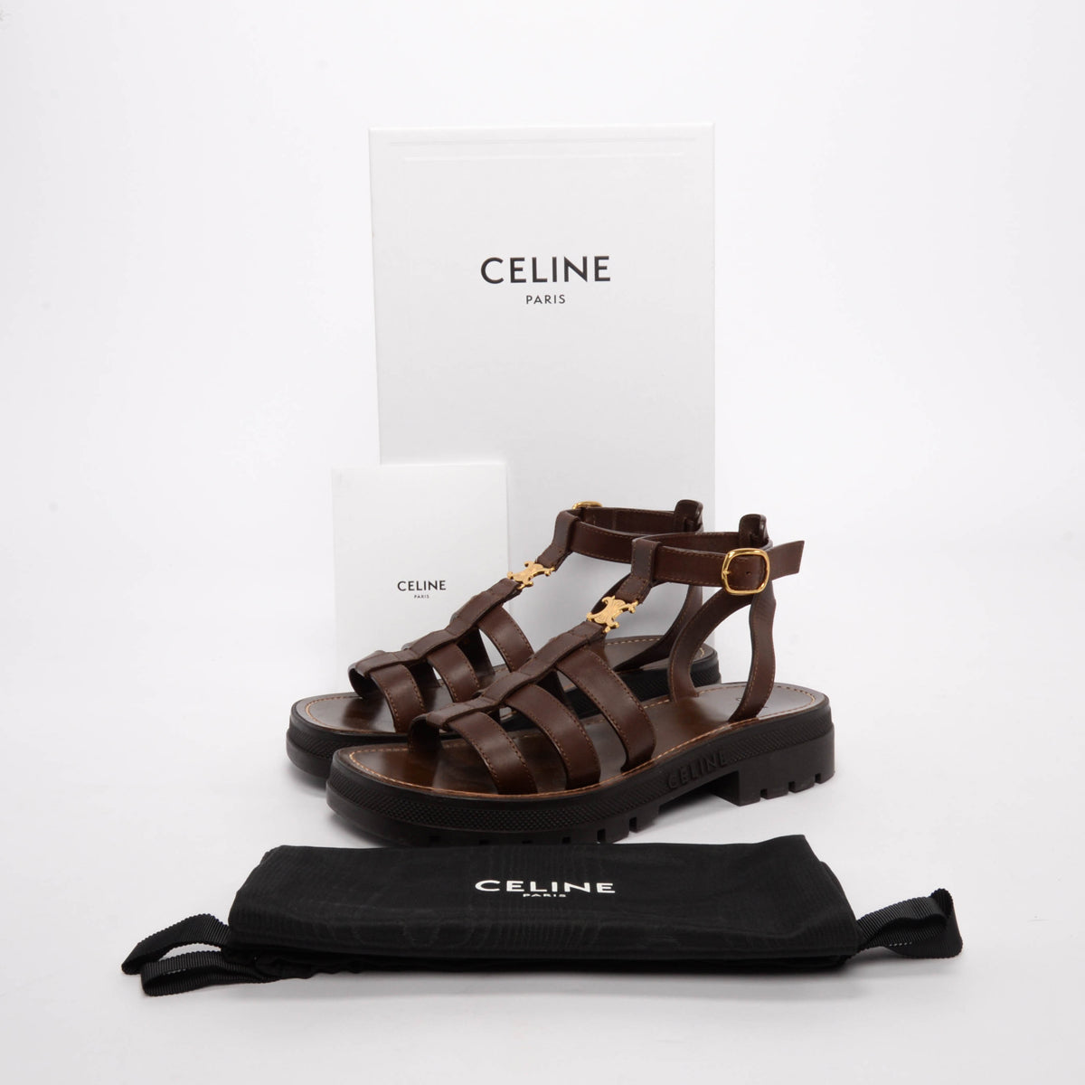 Celine Dark Brown Calfskin Clea Triomphe Sandals 40