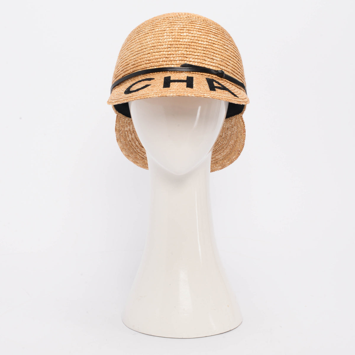 Chanel Black Calfskin & Straw Logo Visor Hat