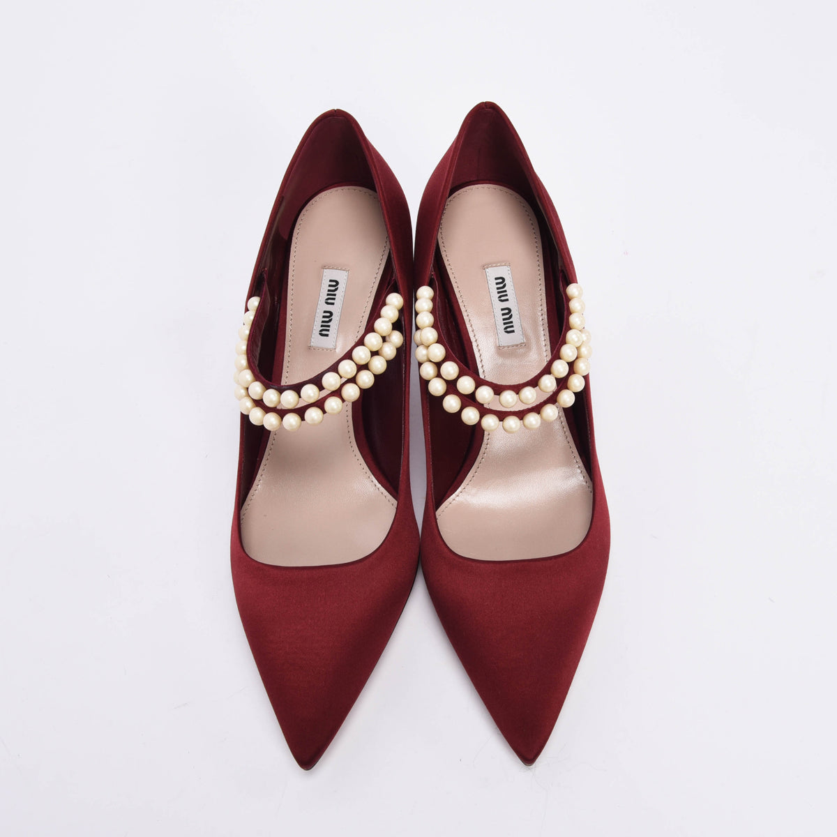 Miu Miu Burgundy Satin Pearl Strap Pumps 41