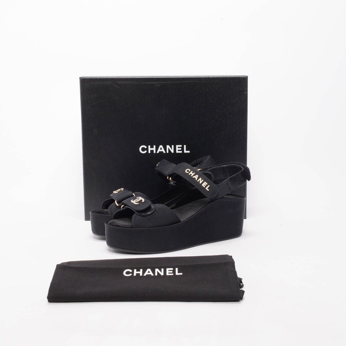 Chanel Black Grosgrain Crystal CC Platform Sandals 40