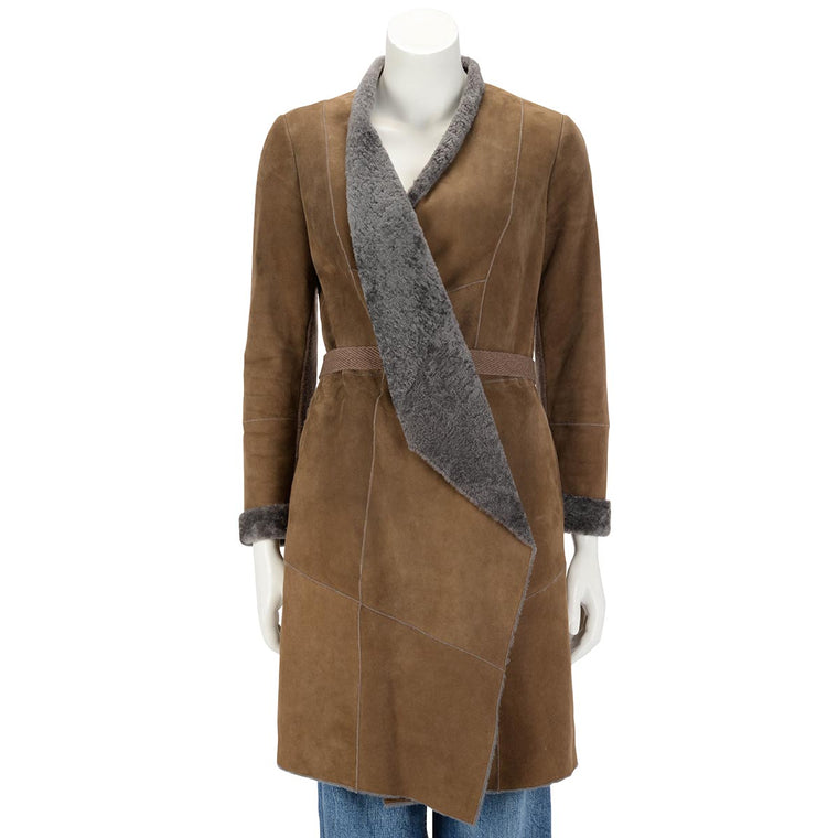 Brunello Cucinelli Brown Shearling Wrap Front Coat IT 42