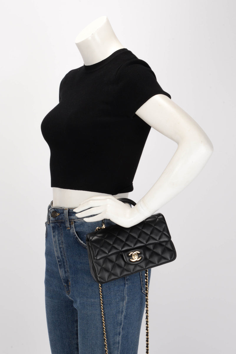 Chanel Black Lambskin Mini Top Handle Rectangular Flap Bag