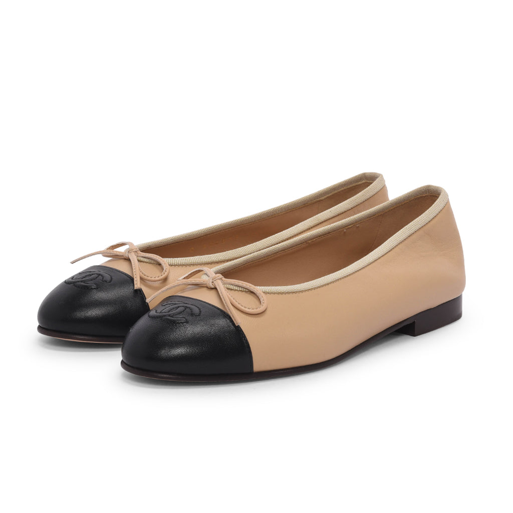 Chanel Beige & Black Lambskin CC Ballet Flats 36