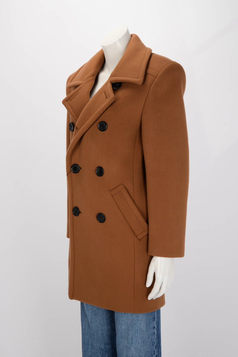 Saint Laurent Camel Wool Double Breasted Coat FR 38