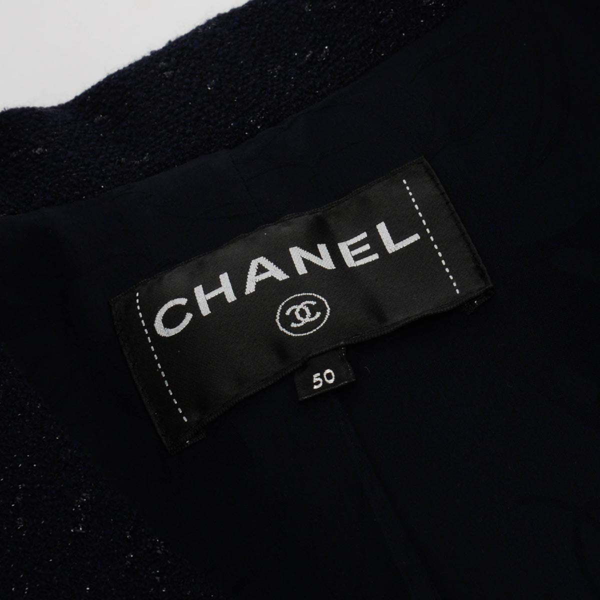 Chanel Dark Navy Lurex Tweed Double Breasted Jacket FR 50