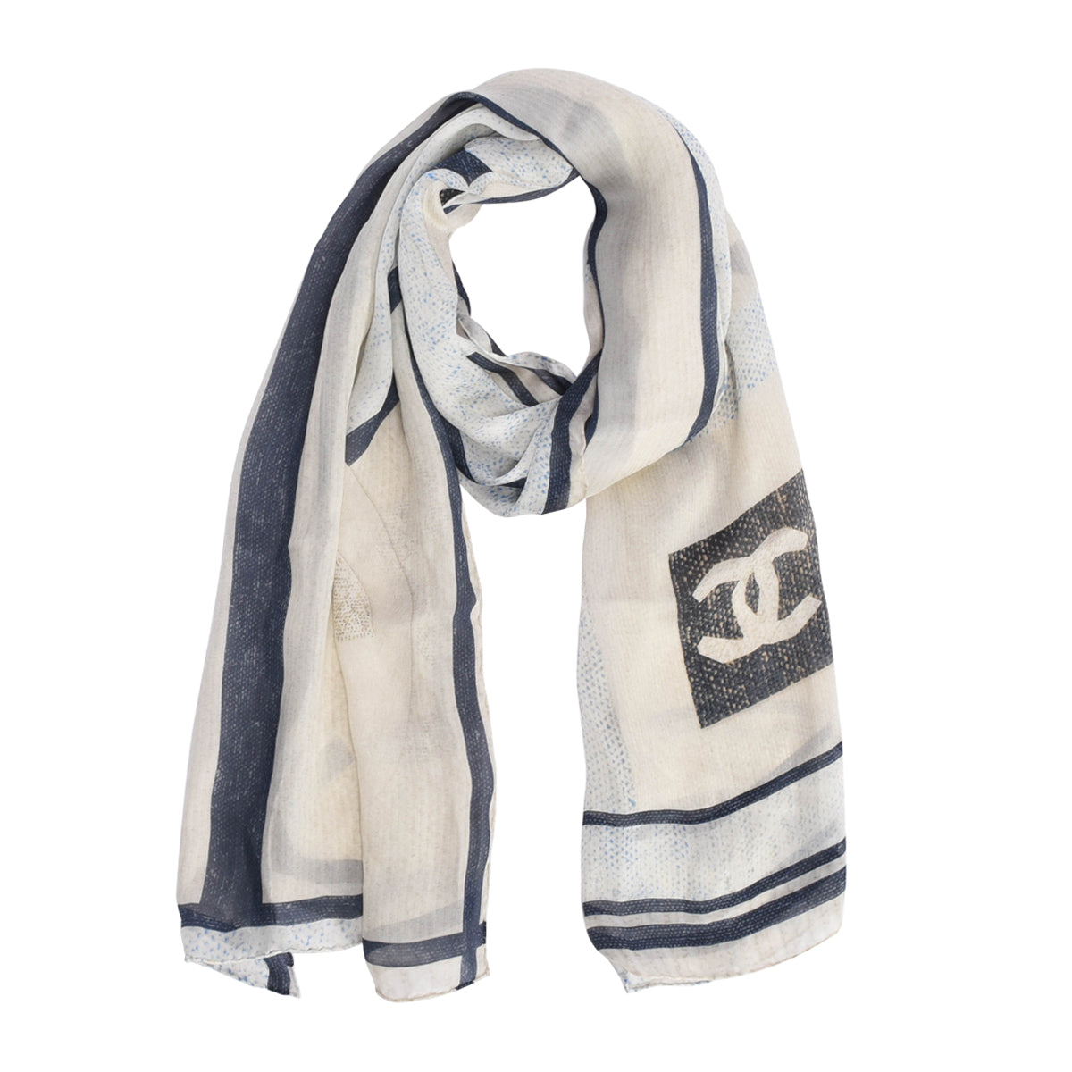 Chanel Cream & Blue Silk Chiffon CC Camellia Scarf