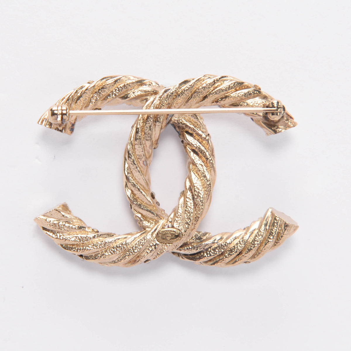 Chanel Light Gold Crystal CC Twist Brooch