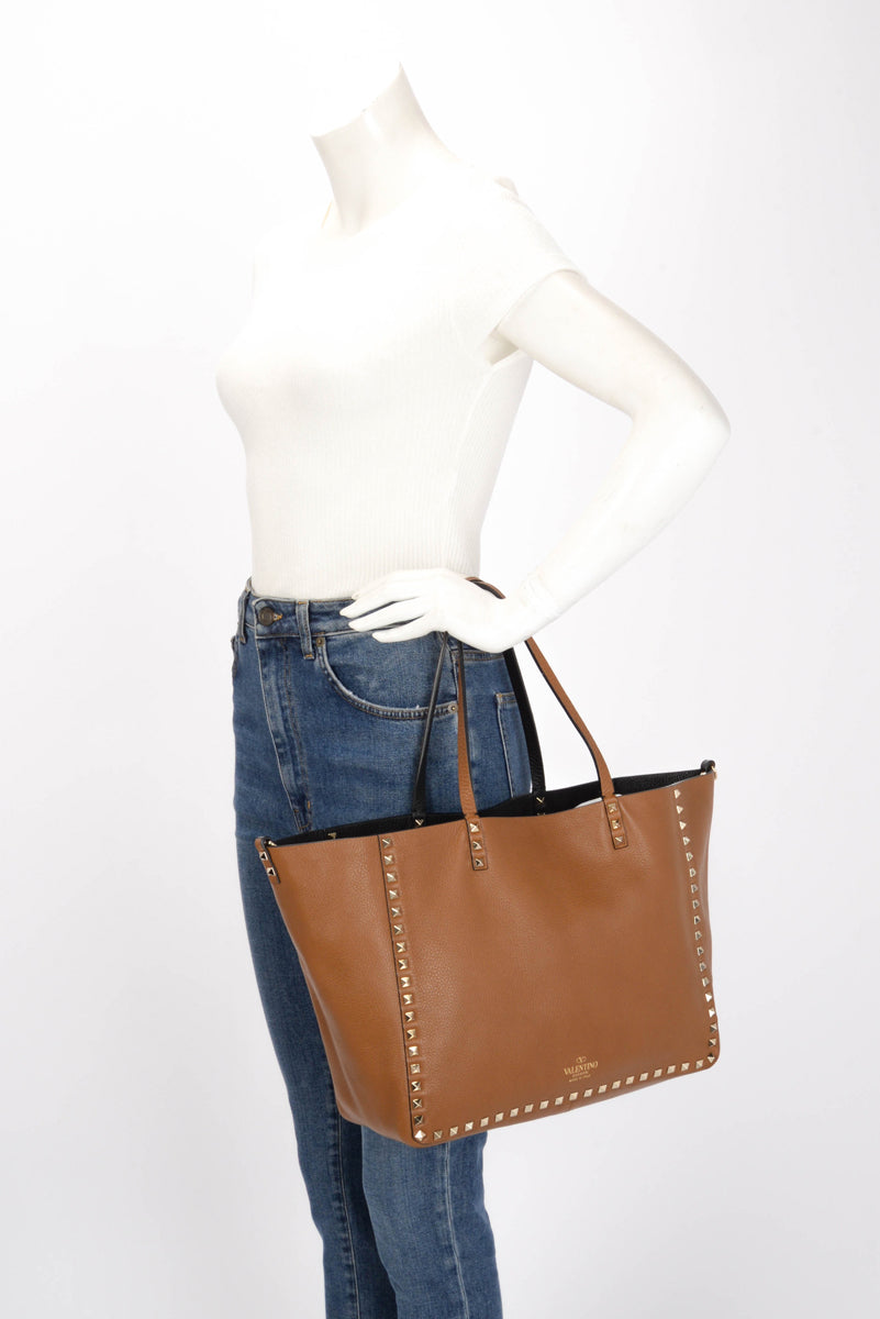 Valentino Black & Tan Grained Calfskin Reversible Rockstud Tote