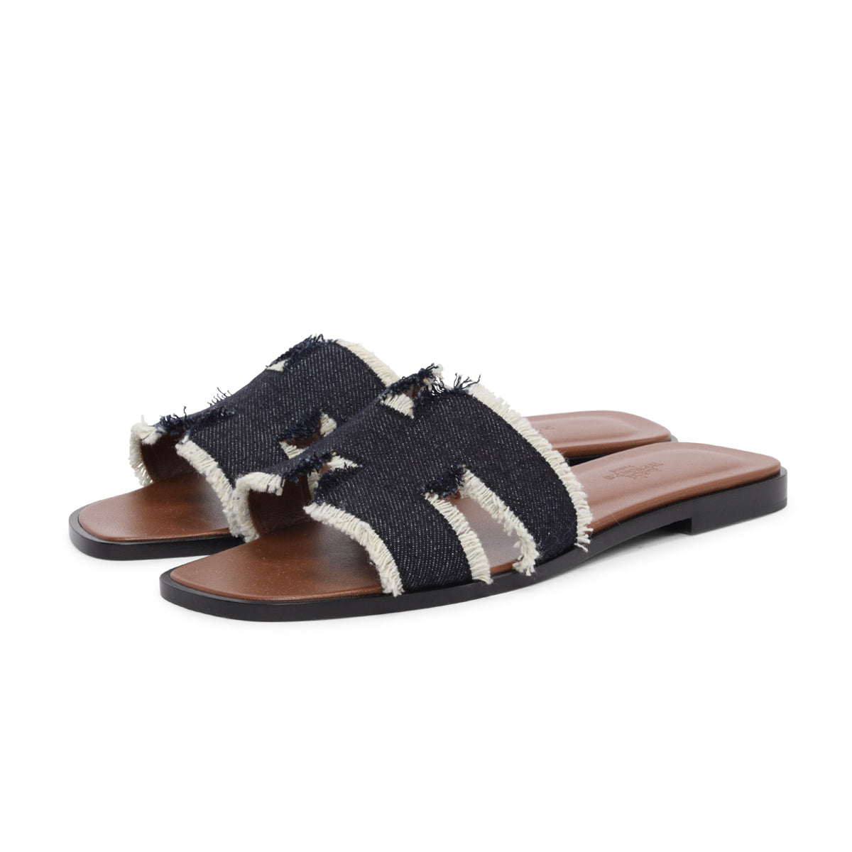 Hermes Bleu Brut Fringed Denim Oran Sandals 38