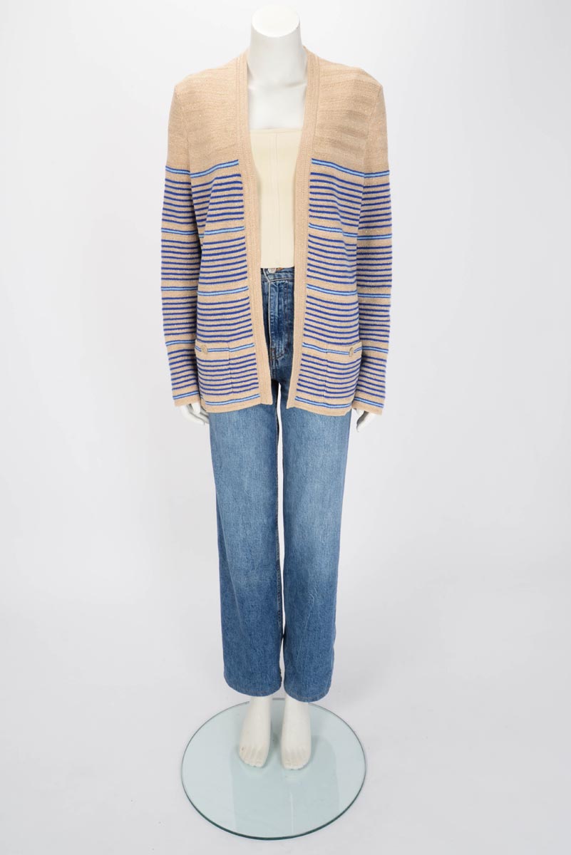 Chanel Beige & Blue Metallic Knit Striped Cardigan FR 48