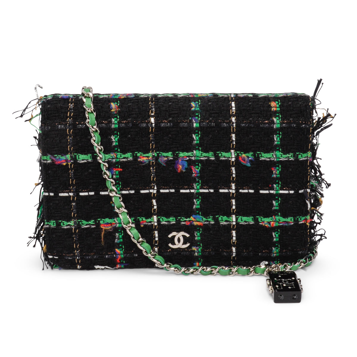 Chanel Black & Green Tweed Frayed Robot Wallet on Chain