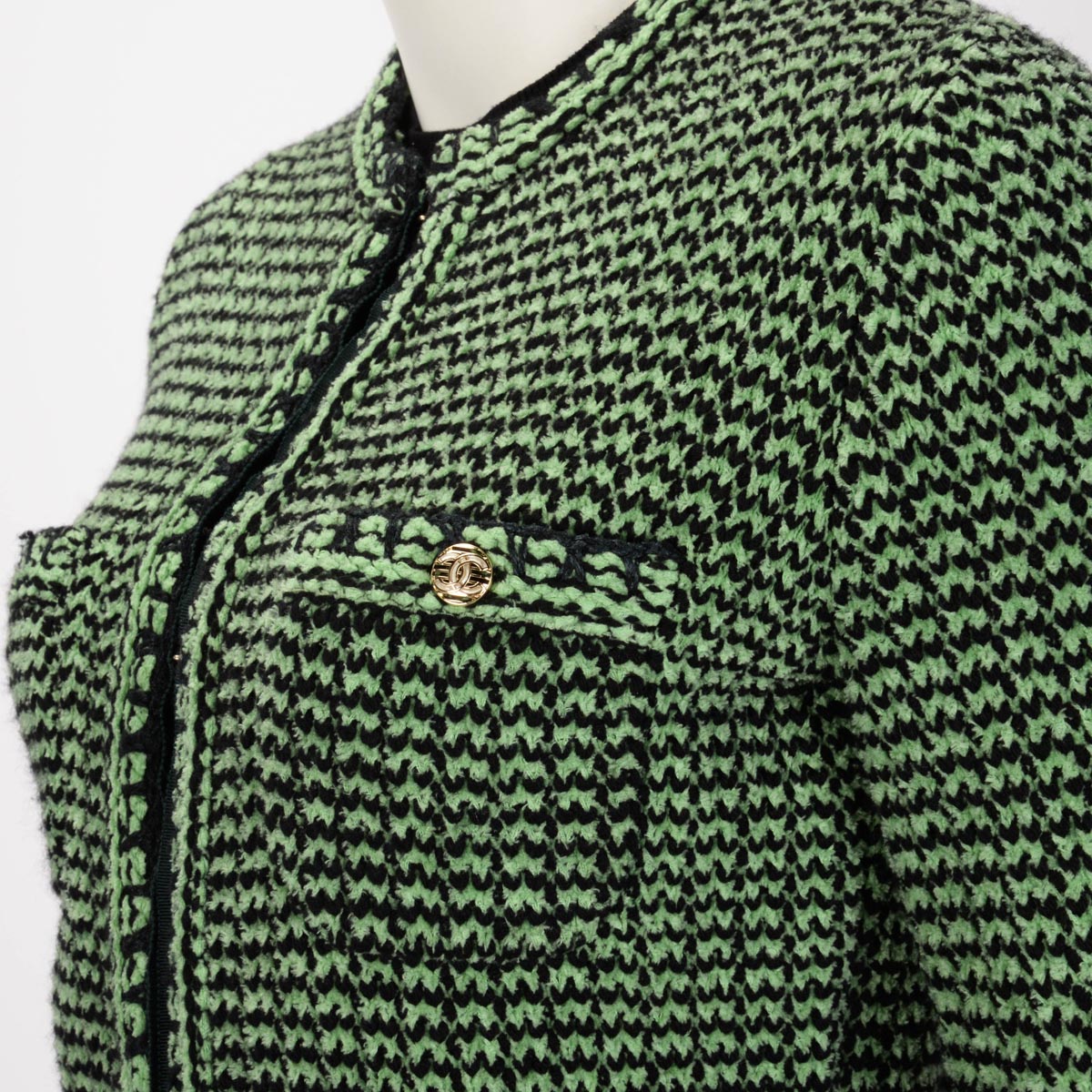 Chanel Green Chenille Knit CC Button Cardigan FR 34