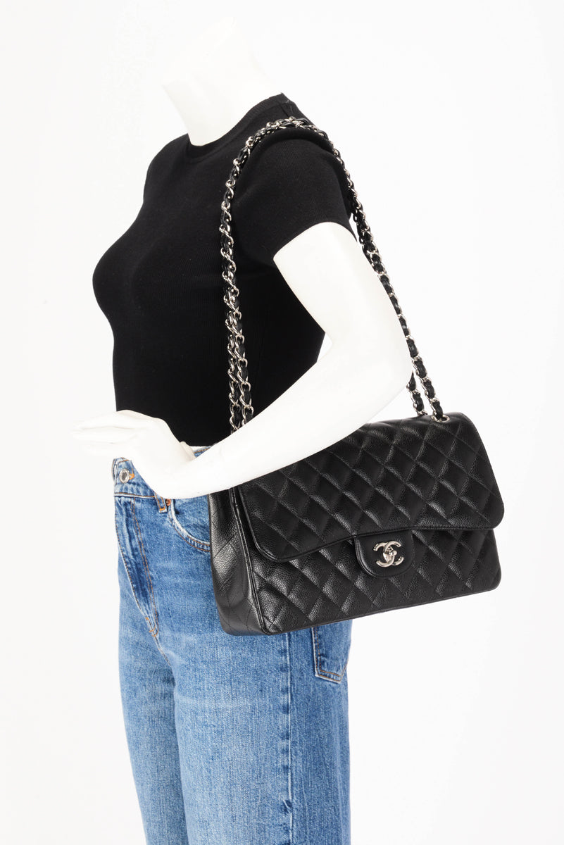 Chanel Black Caviar Large Double Flap Shoulder Bag