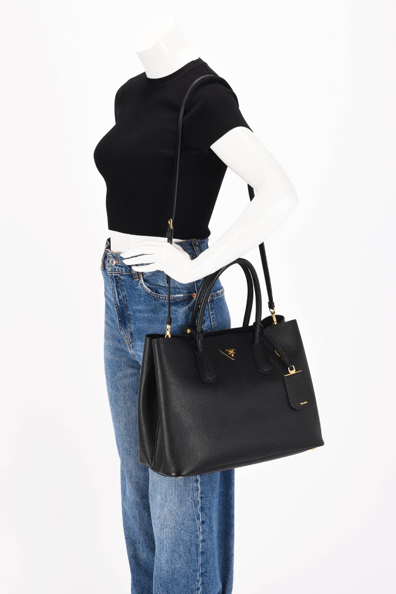 Prada Black Saffiano Medium Double Tote