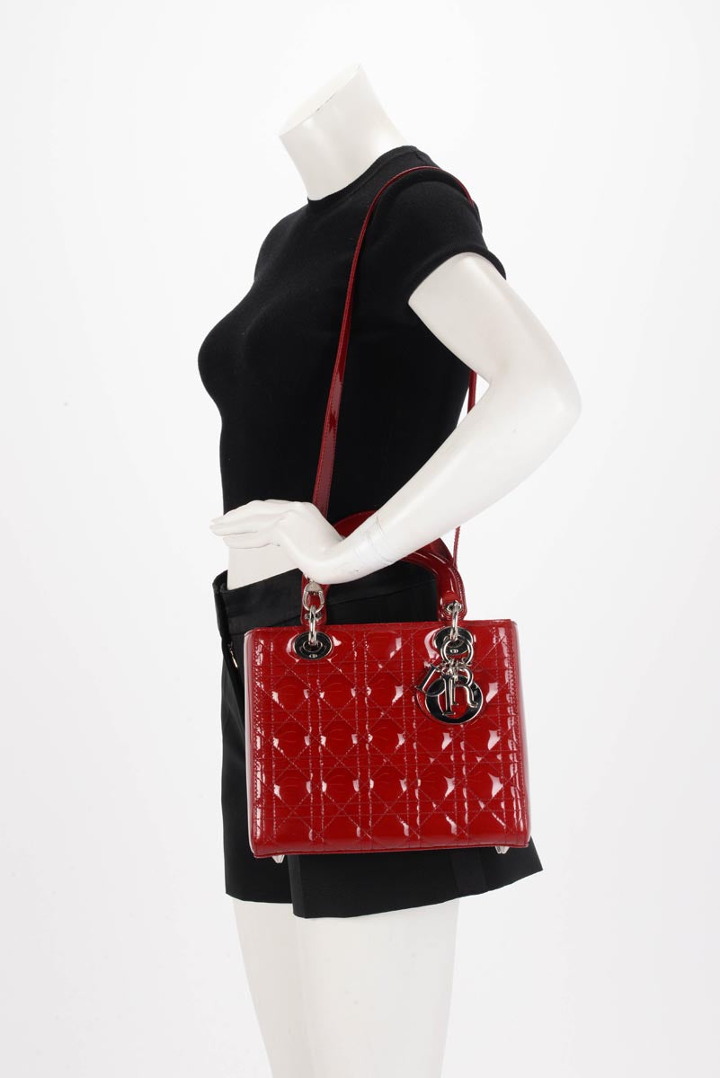 Dior Red Cannage Patent Medium Lady Dior Bag