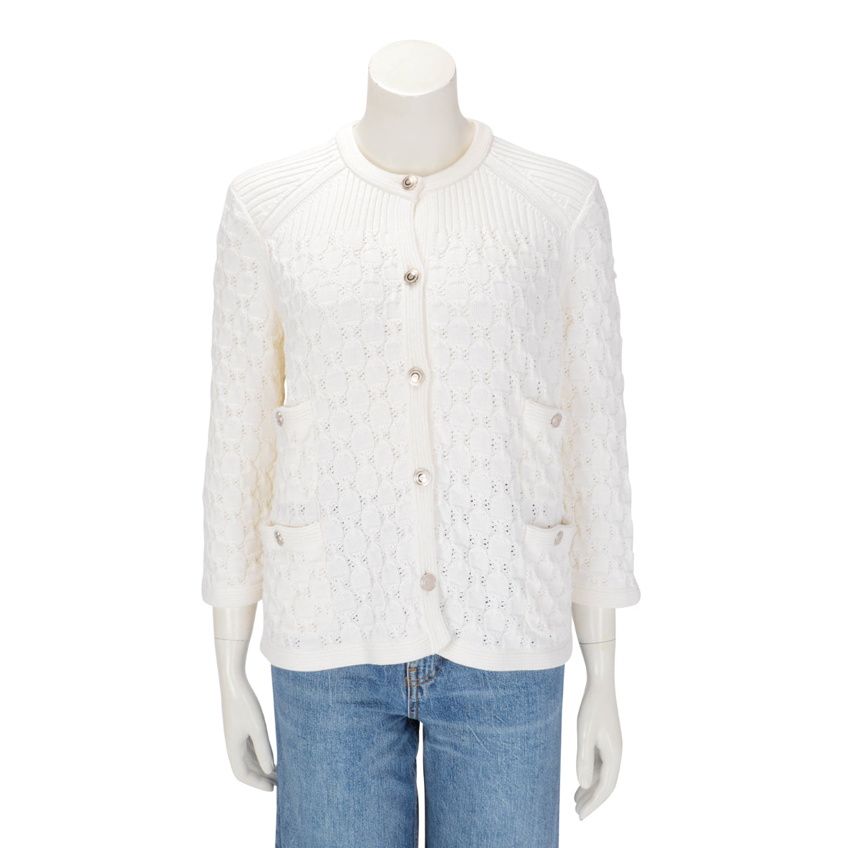 Chanel White Crochet Knit Four Pocket Cardigan FR 48