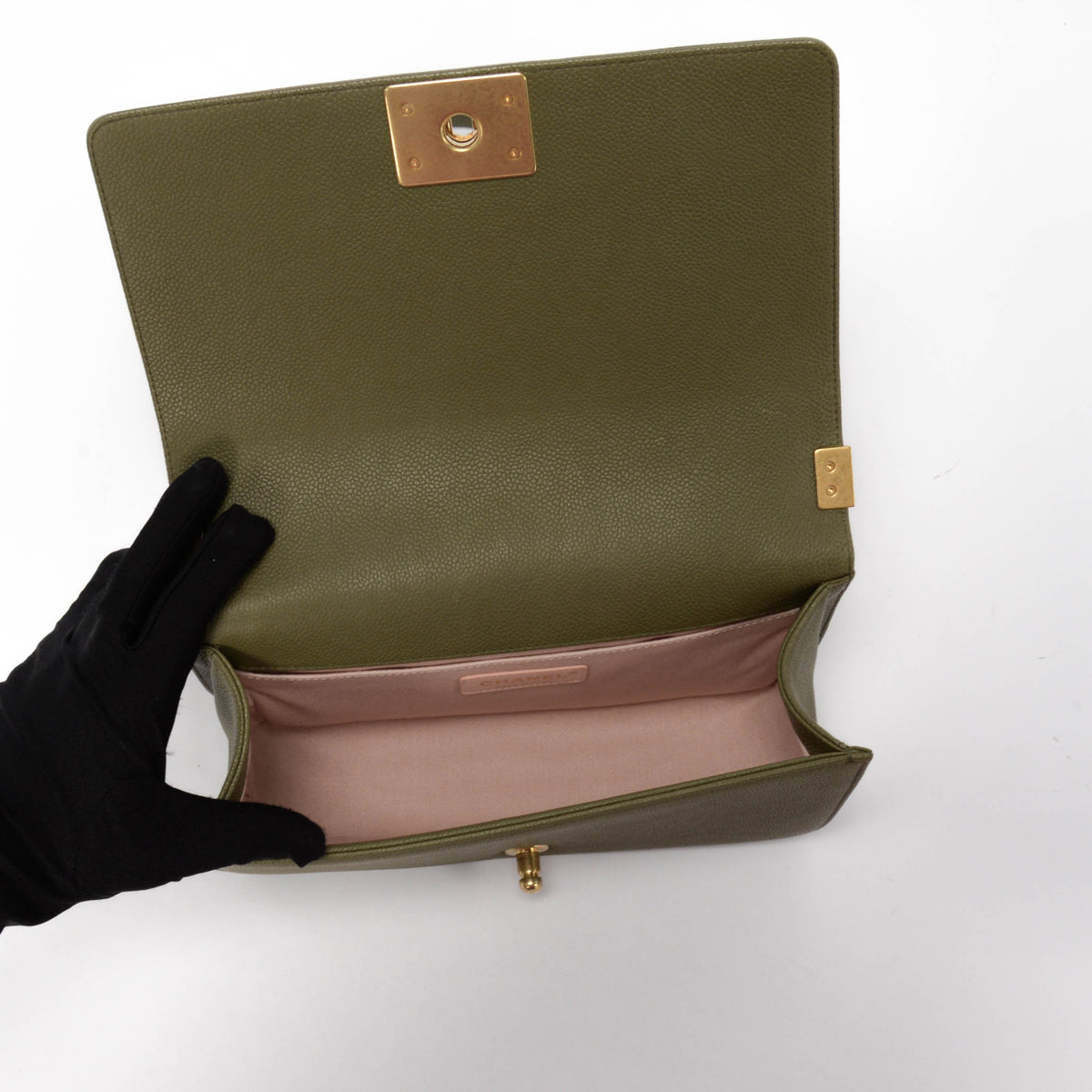 Chanel Khaki Green Quilted Caviar Old Medium Boy Bag