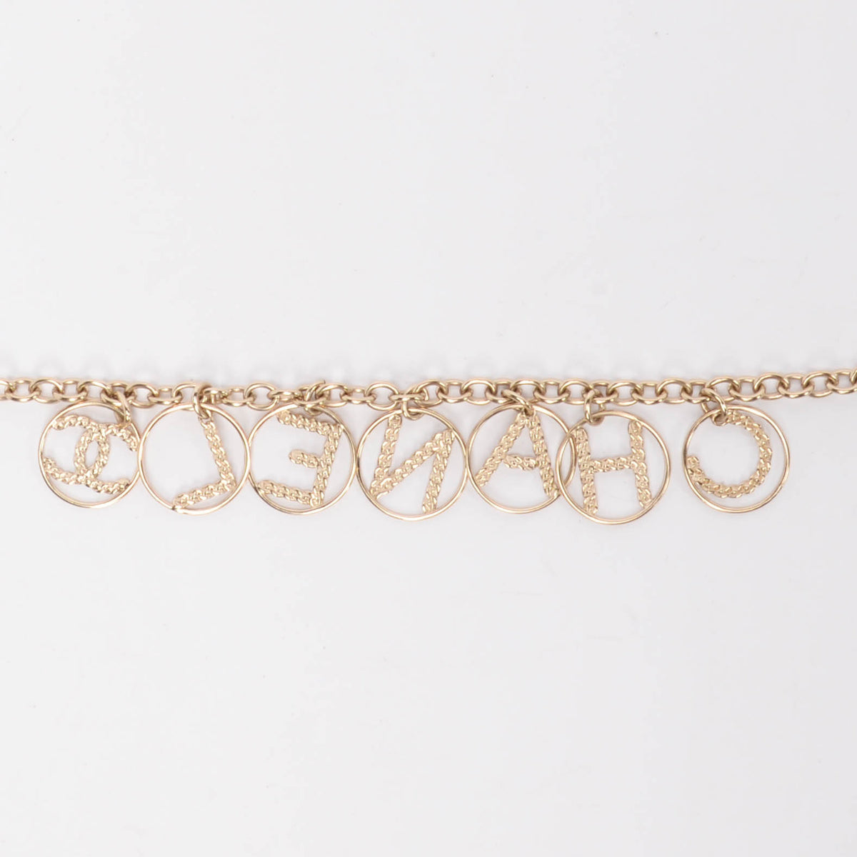 Chanel Light Gold Crystal Logo Spellout Necklace