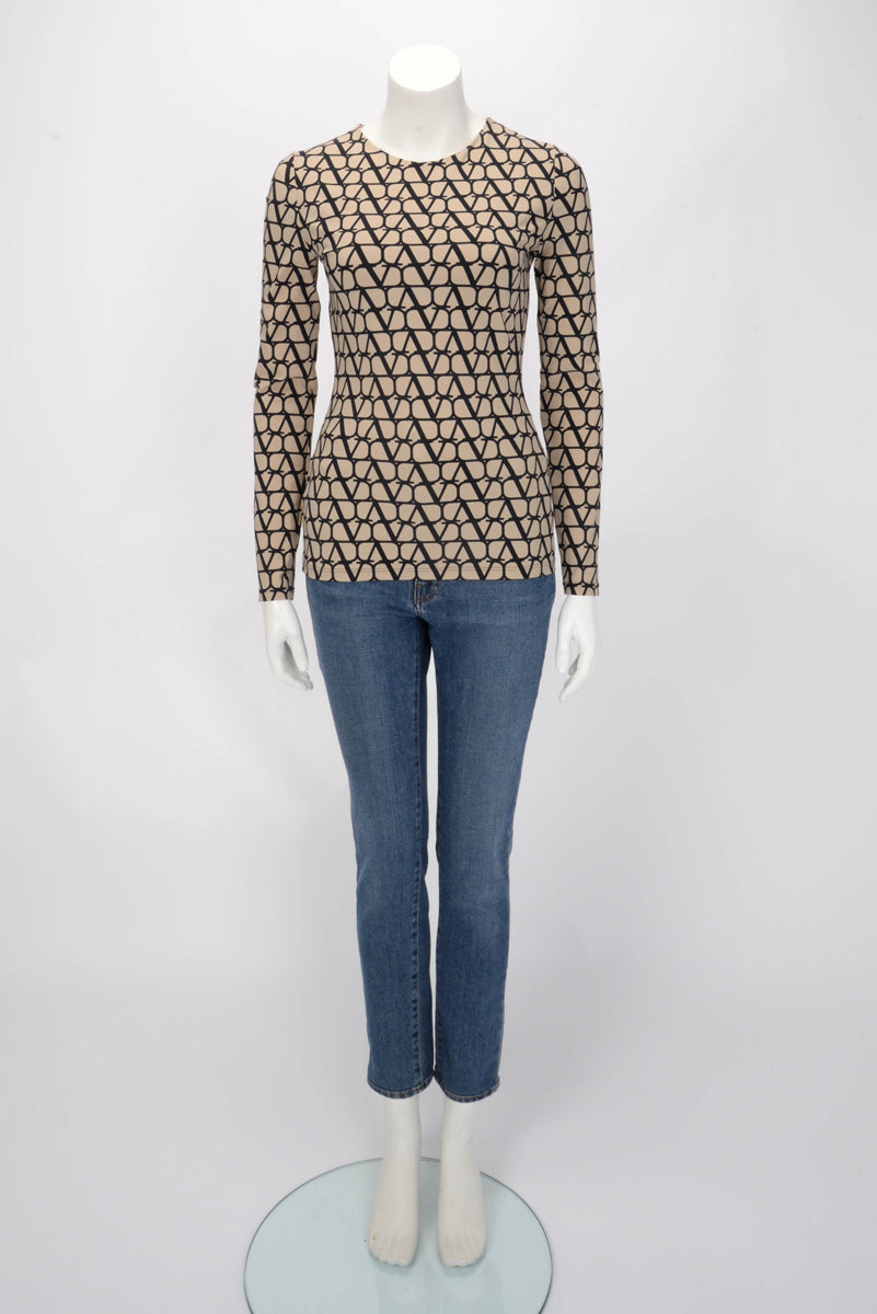 Valentino Beige Jersey Vlogo Signature Long Sleeve Top L