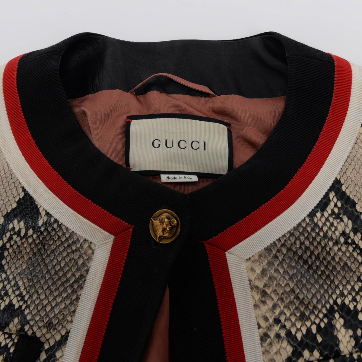 Gucci Beige Snake Effect Leather Web Trim Jacket IT 36