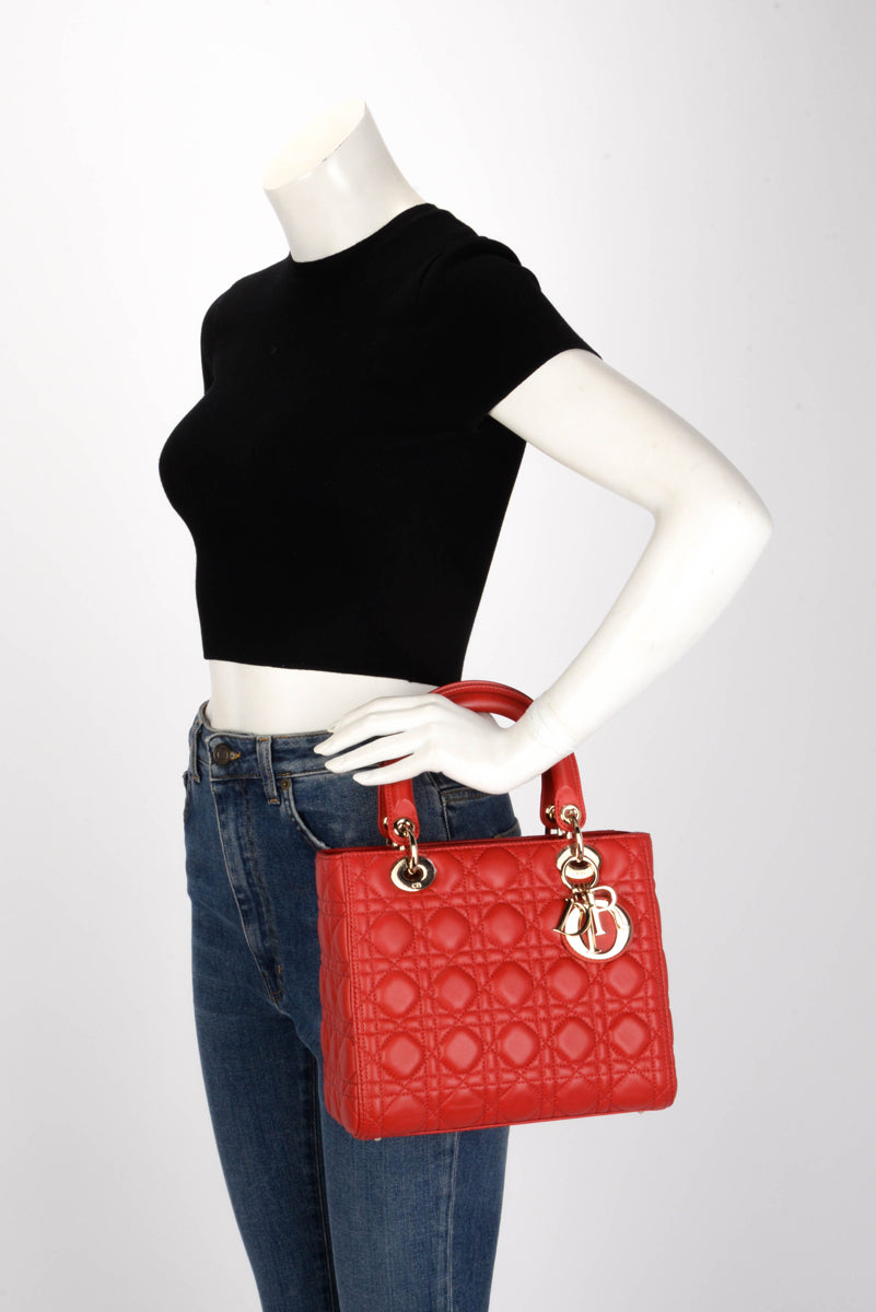 Dior Red Lambskin Cannage Medium Lady Dior Bag