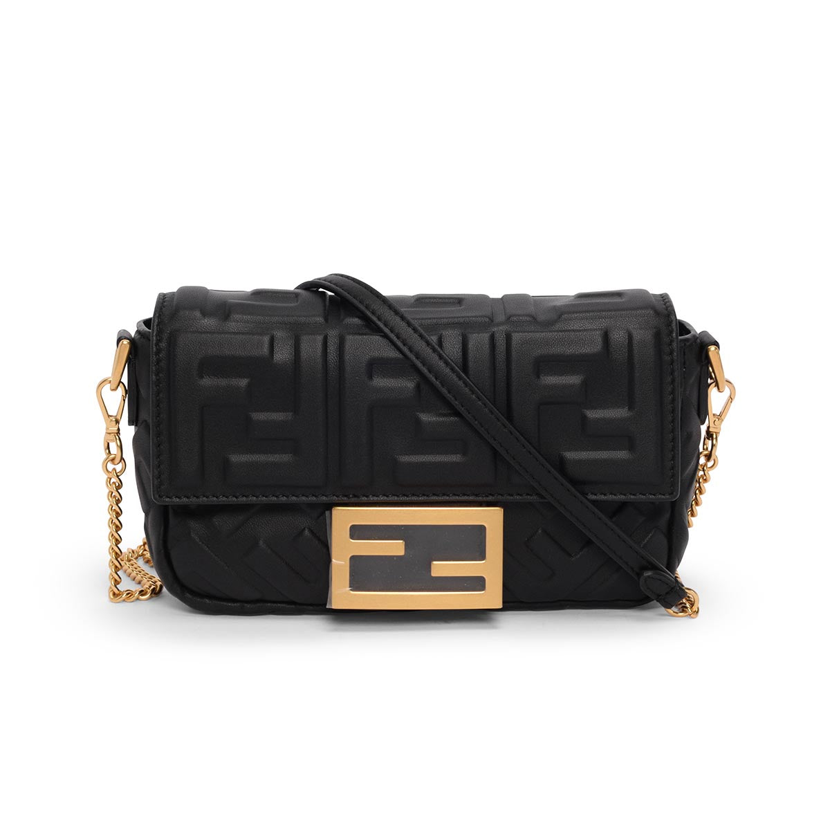 Fendi Black Nappa Leather FF Motif Mini Baguette
