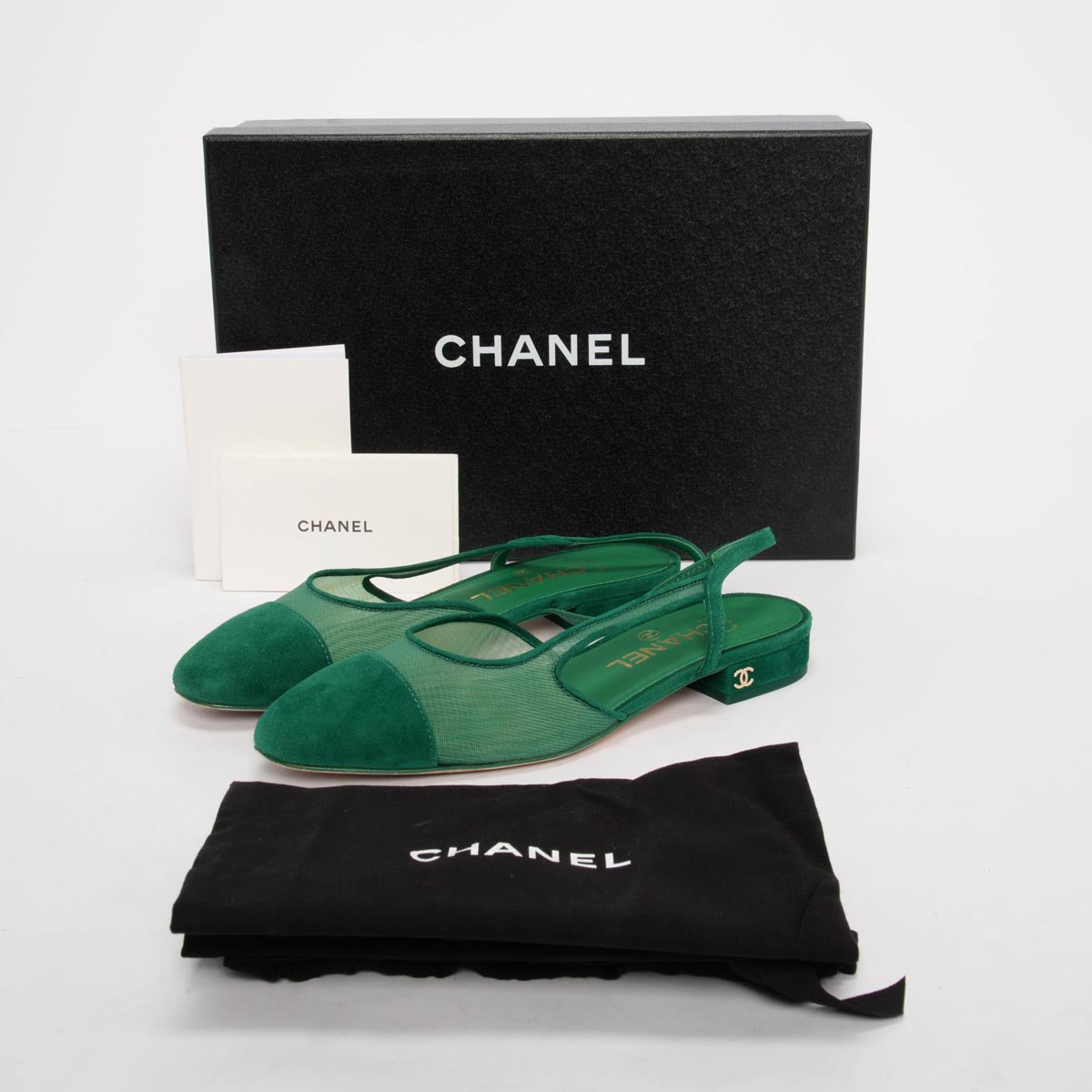 Chanel Green Suede & Mesh CC Slingback Flats 36.5