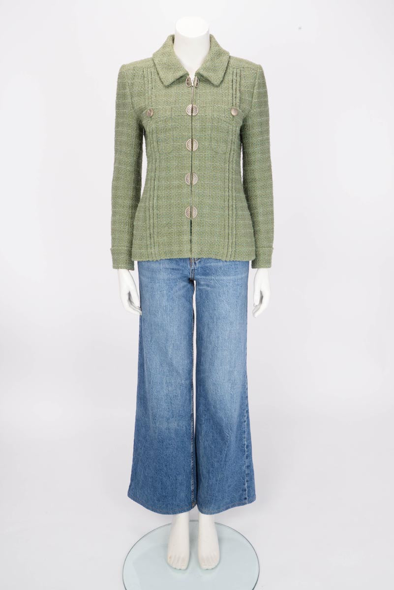 Chanel Sage Green Fantasy Tweed Zip Front Jacket FR 40