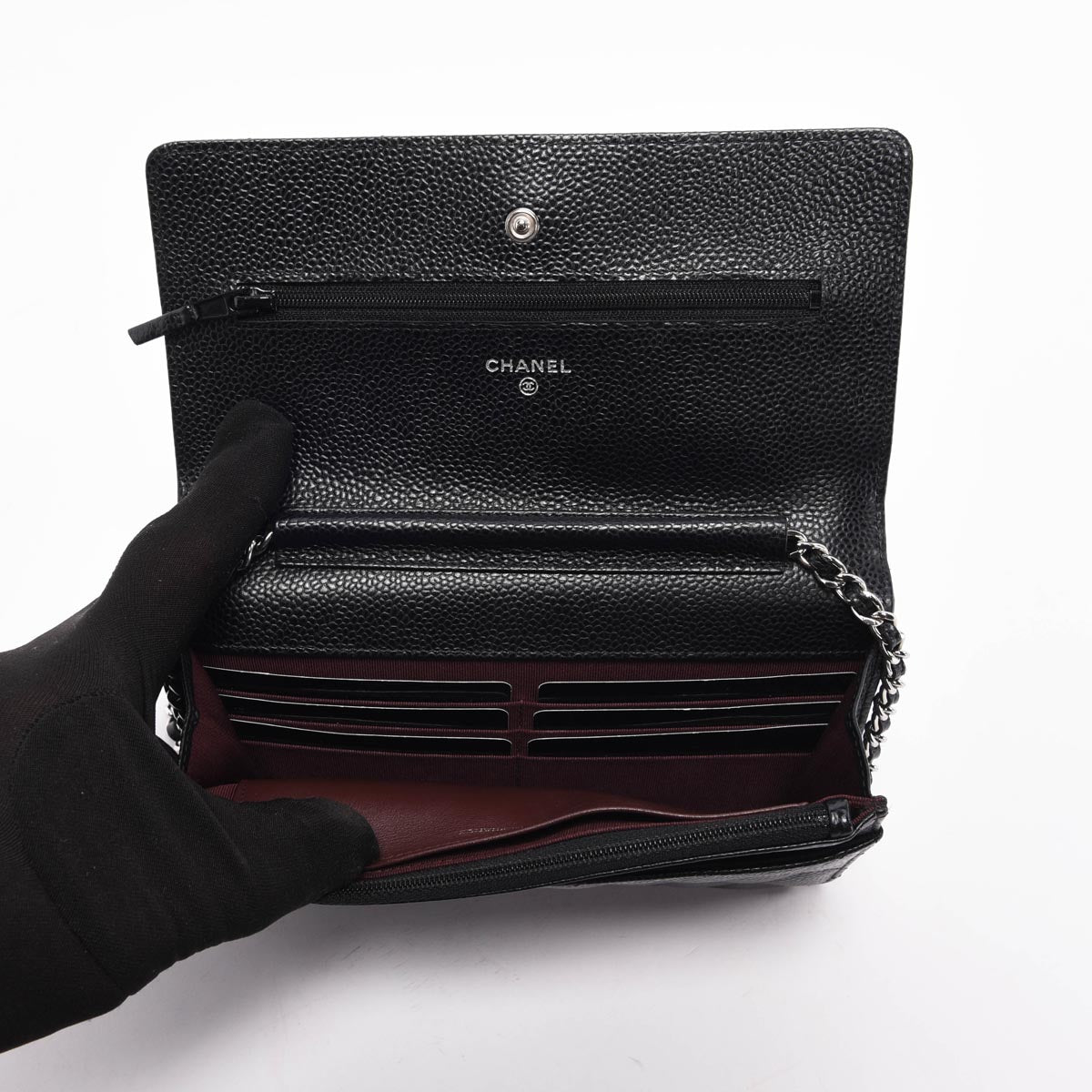 Chanel Black Quilted Caviar Classic Wallet On Chain