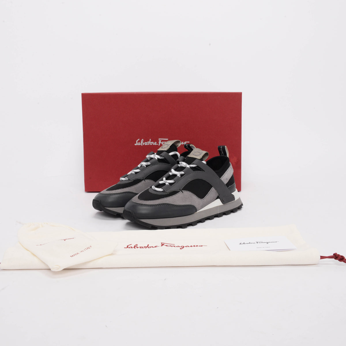 Ferragamo Dark Grey Calfskin & Suede Indy Sneakers 7.5