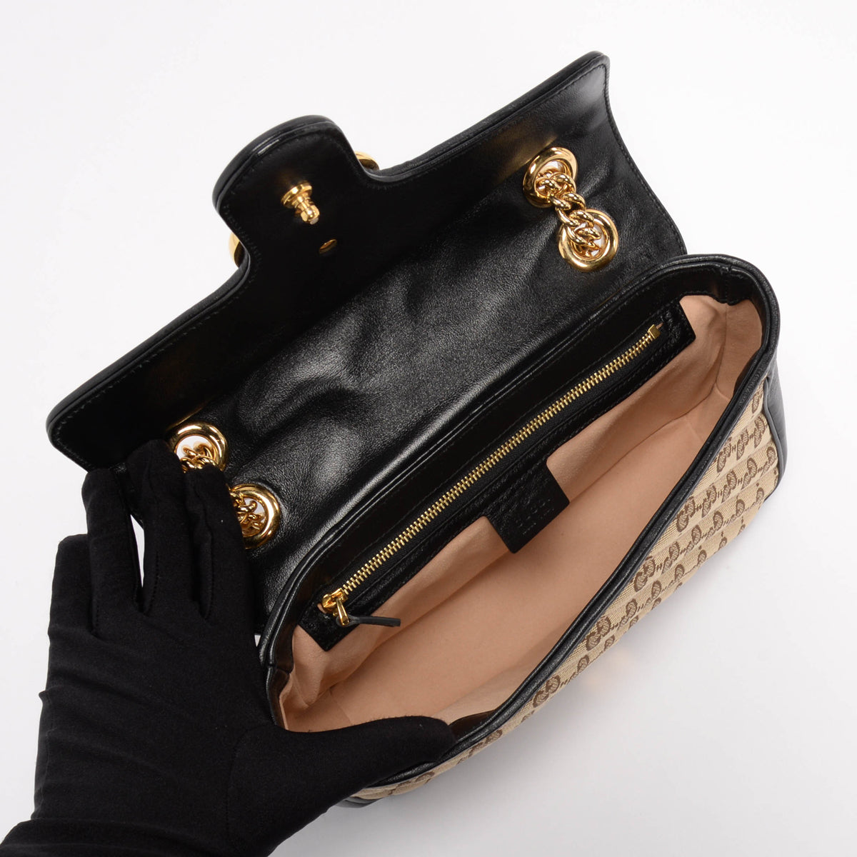Gucci Black & Beige Monogram Matelasse Small GG Marmont Bag