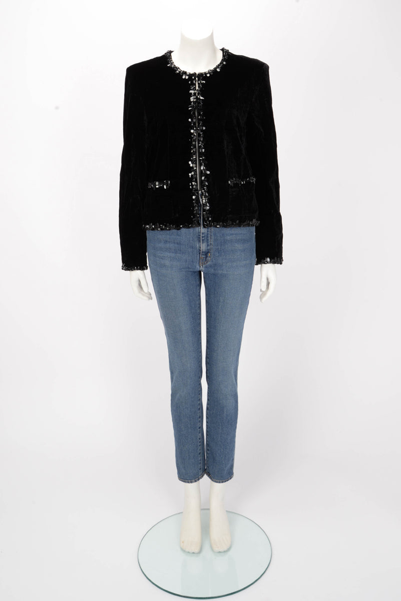 Chanel Black Crushed Velvet Beaded Trim Jacket FR 42