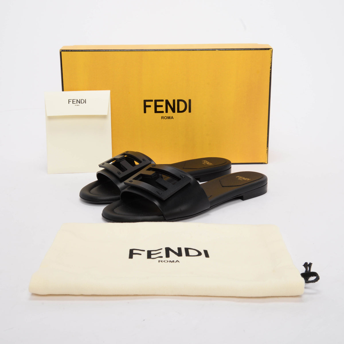 Fendi Black Leather Baguette Slides 35.5