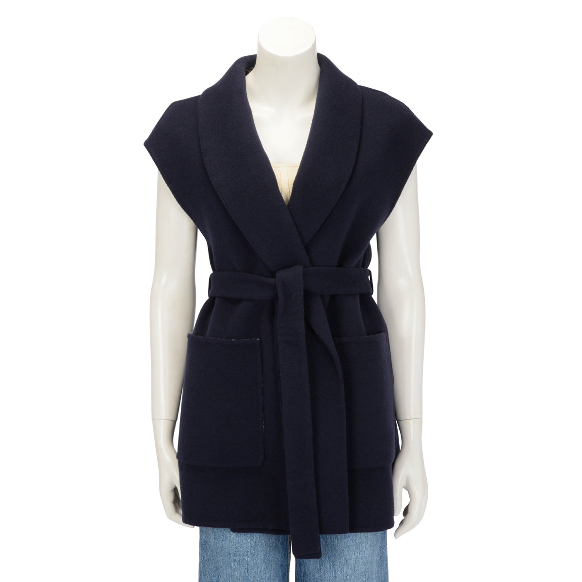 Dior Navy Wool Double Face Sleeveless Belted Coat FR 40