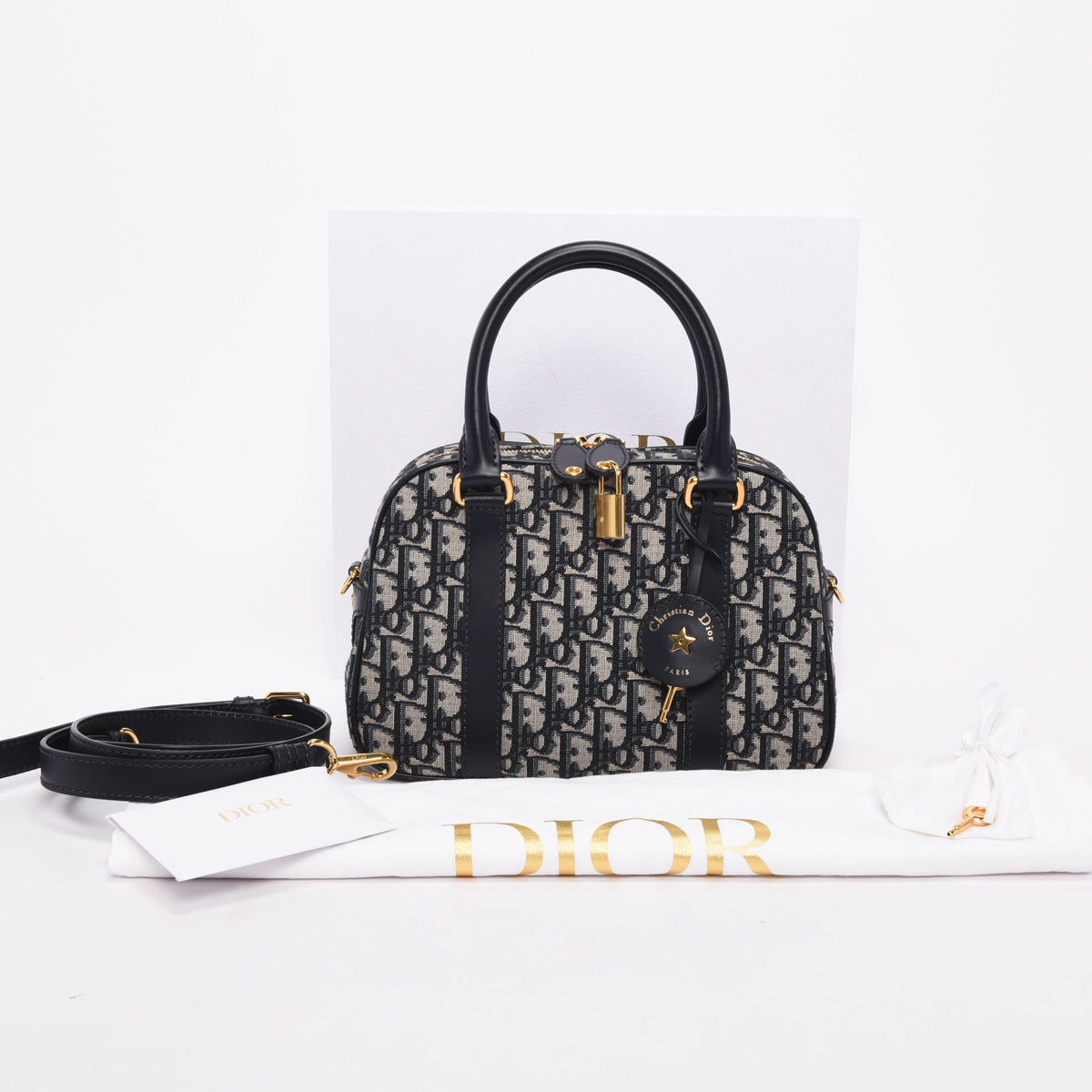 Dior Navy Oblique Jacquard Medium D-Vibe Bowling Bag