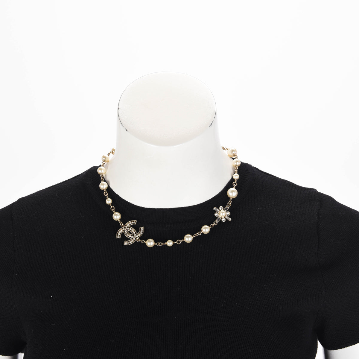 Chanel Gold Tone Pearl & Crystal CC Necklace