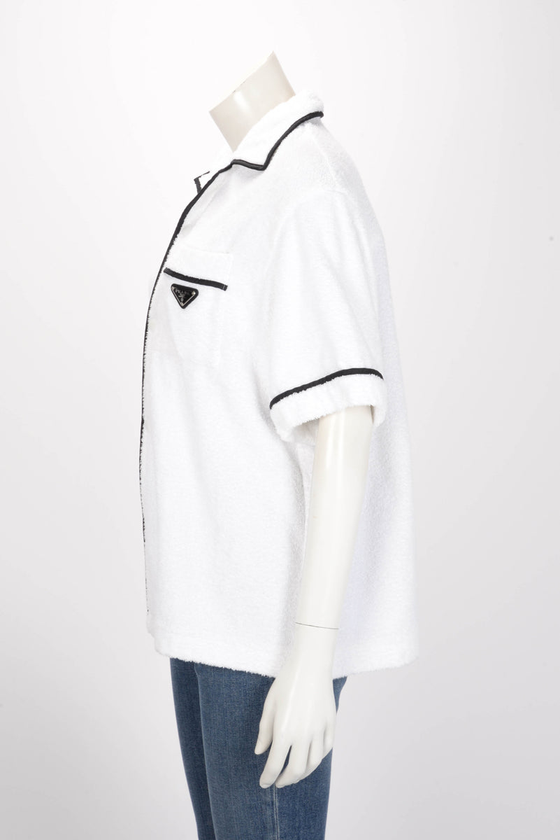 Prada White Terry Cotton Logo Plaque Shirt L
