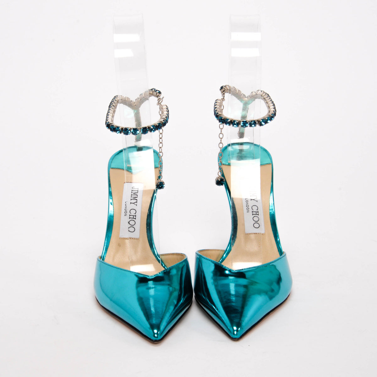 Jimmy Choo Blue Metallic Leather Crystal Saeda Pumps 38.5