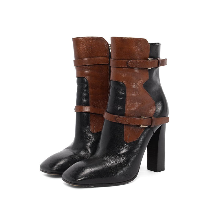 Prada Black & Tan Leather Strap Detail Boots 38.5